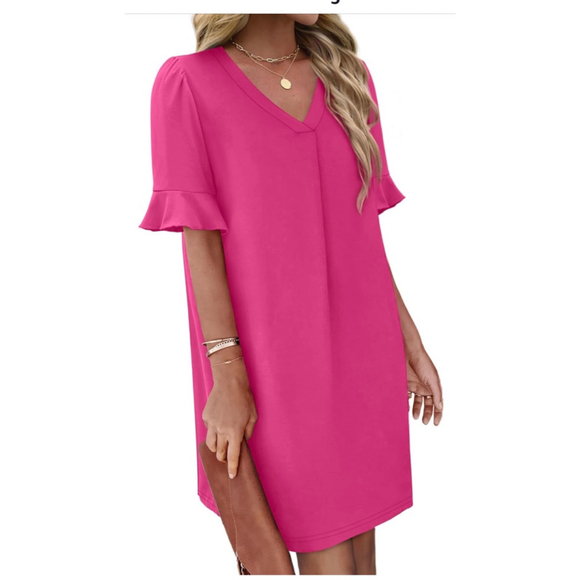 Hot Pink Mini Dress with Ruffle Sleeves and Pockets XXL - Picture 3 of 9